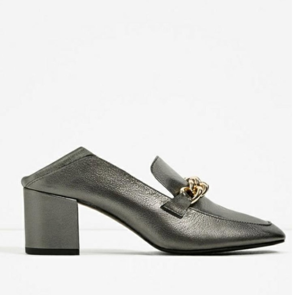 ZARA LEATHER BLOCK HEEL LOAFERS Silver Gray 8 38